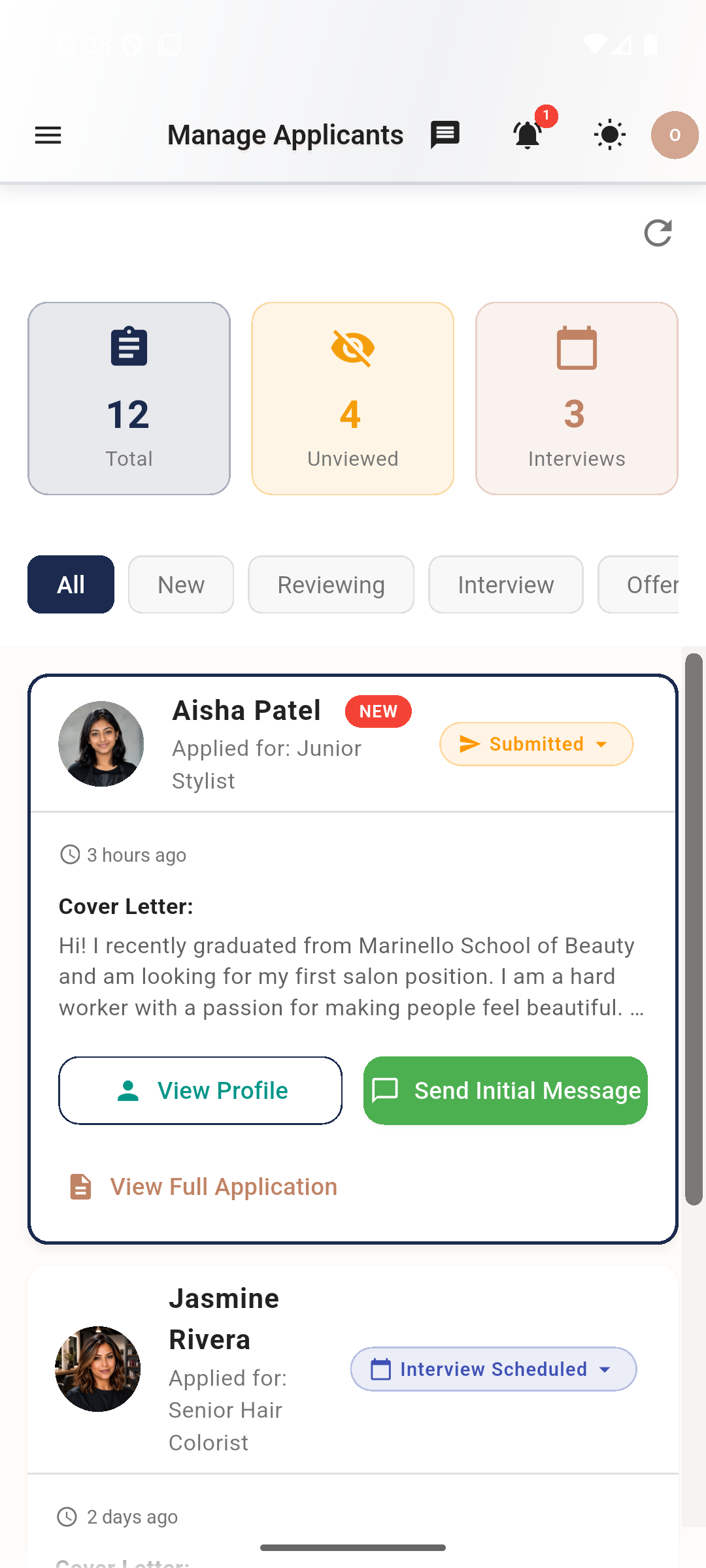 Reviewing and messaging job applicants in the Stylist Connect app