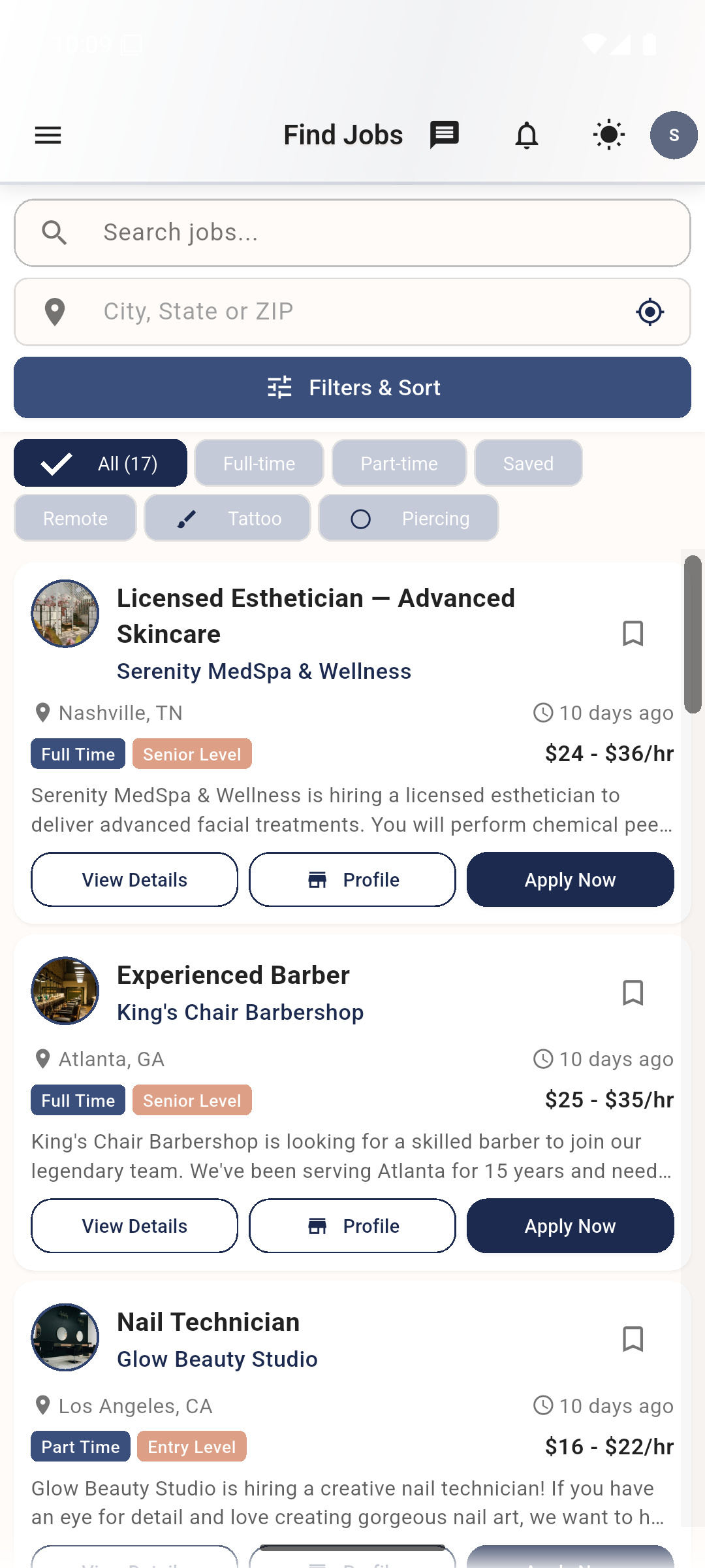 Browsing job listings in the Stylist Connect app